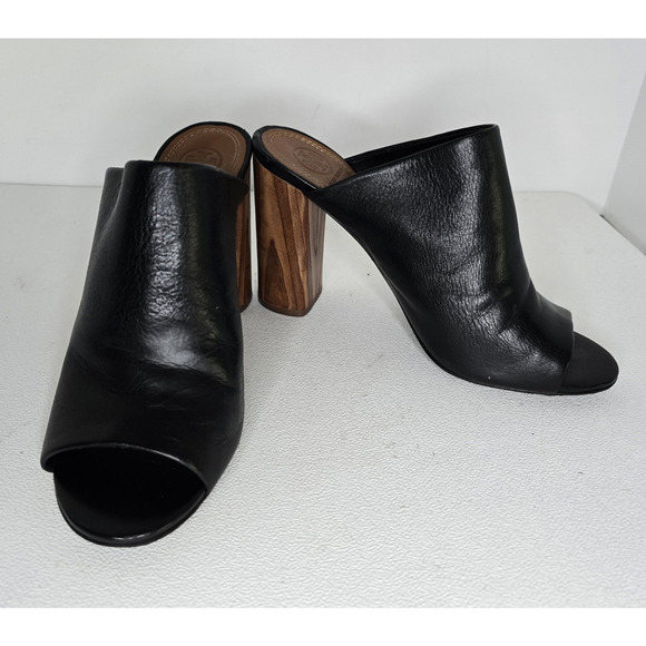 TORY BURCH Black Leather Raya Heels Mules Wooden Heel Peep Toe sz 8.5 - Picture 1 of 10